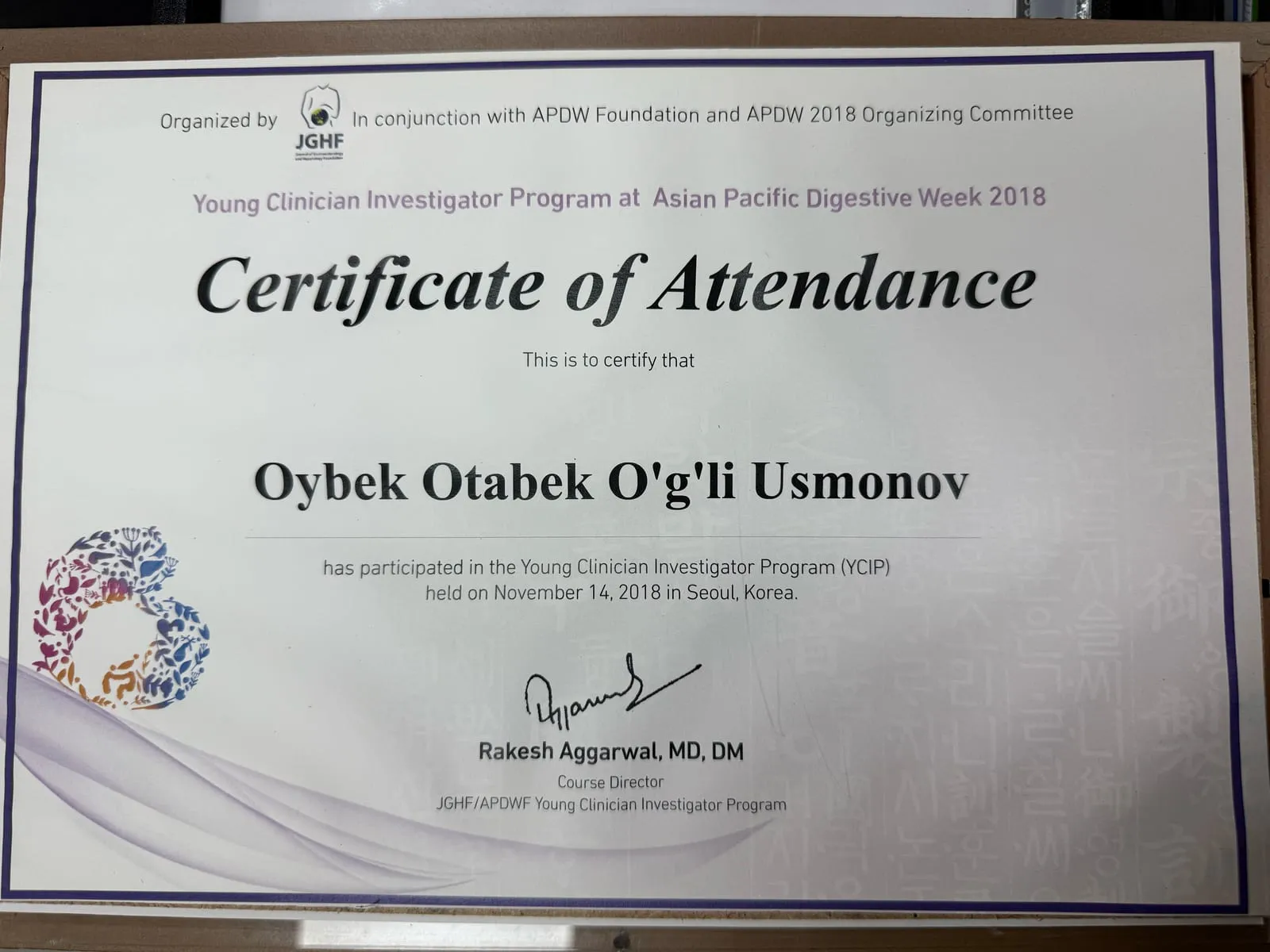 Certificate of Attendance на имя доктора Усманова